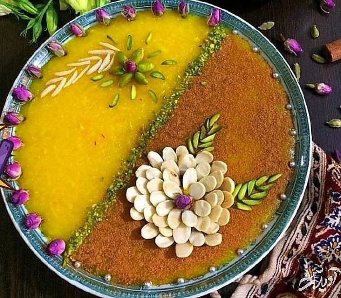 تزیین شله زرد با پودر پسته تزیین با پودر پسته